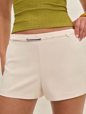 Reformation Cream High-Waist Tailored Shorts with Slim Metallic Accent Belt